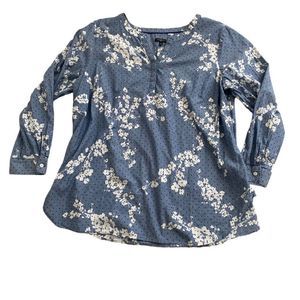 Talbots Womens XXL Top Popover Floral Hidden Button Polka Dot Blue Button Up, S2